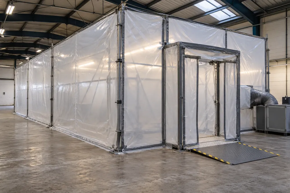 Enclosed work zone prepared for controlled asbestos removal at a Sheffield industrial property